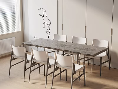 Modern Dining Table Set With White Chairs Abstract Wall Art And Pendant Lights 3d model