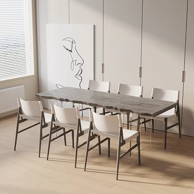 Modern Dining Table Set With White Chairs Abstract Wall Art And Pendant Lights 3d model