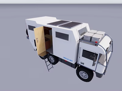White Camper Van With Solar Panels Open Door Ladder And Roof Storage Boxes 3d model