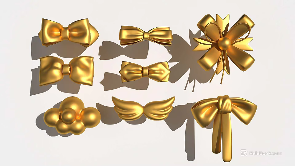 Golden Decorative Elements Including Bows Flowers And Wings 3d model