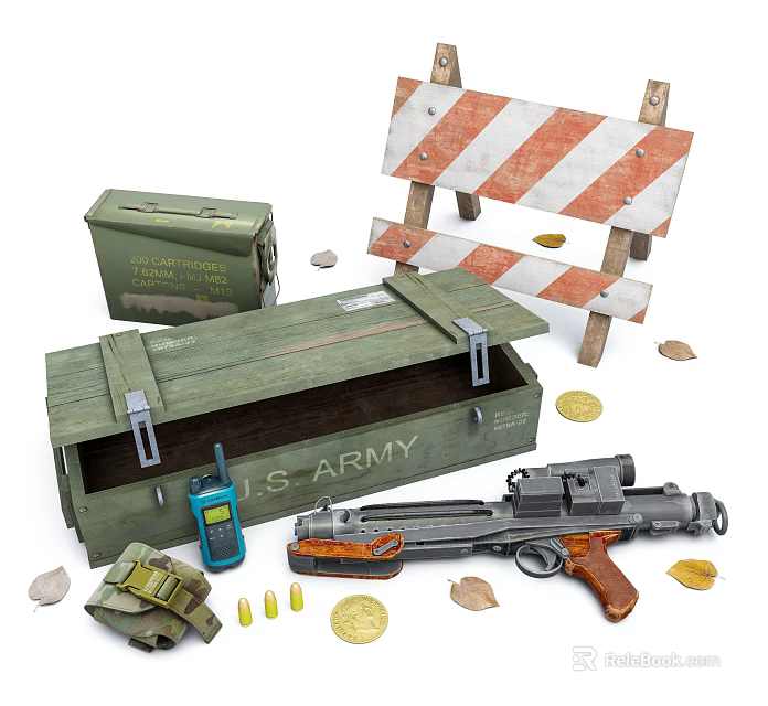 Vintage U.S. Army Military Box With Gun Walkie Talkie Coins Bullets And Barricade 3d model 