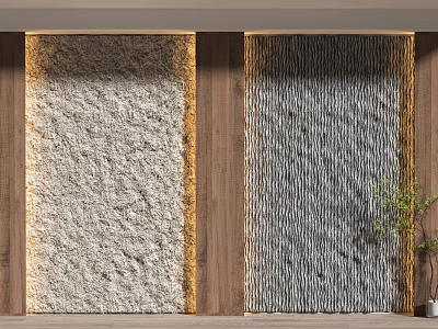 Textured Background Wall Design With Light And Dark Gray Panels Gold Frame And Green Plant 3d model
