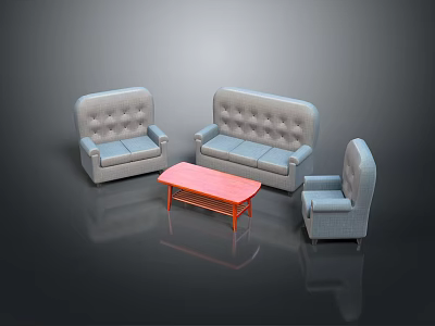 Contemporary Grey Tufted Sofa Set With Three Pieces And Red Rectangular Coffee Table 3d model