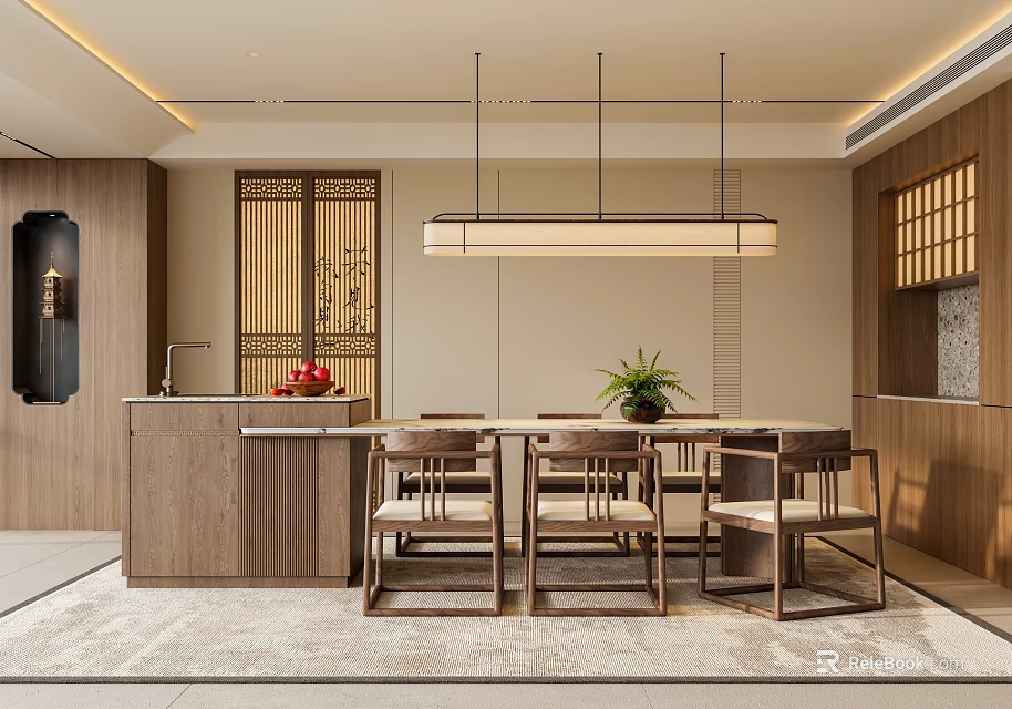 Traditional Chinese Style Restaurant Interior With Wooden Dining Table Chairs Pendant Light And Green Plant 3d model 