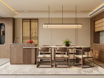 Traditional Chinese Style Restaurant Interior With Wooden Dining Table Chairs Pendant Light And Green Plant 3d model