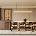Traditional Chinese Style Restaurant Interior With Wooden Dining Table Chairs Pendant Light And Green Plant