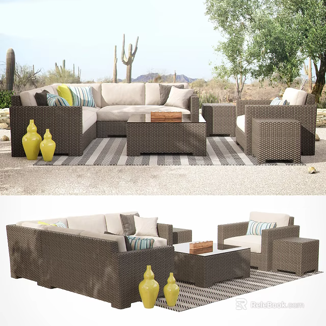 Outdoor Wicker Sofa Set Featuring Coffee Table Yellow Vases And Striped Rug In Cactus Background 3d model 