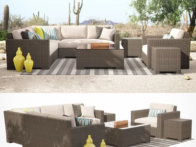 Outdoor Wicker Sofa Set Featuring Coffee Table Yellow Vases And Striped Rug In Cactus Background 3d model