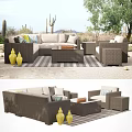 Outdoor Wicker Sofa Set Featuring Coffee Table Yellow Vases And Striped Rug In Cactus Background