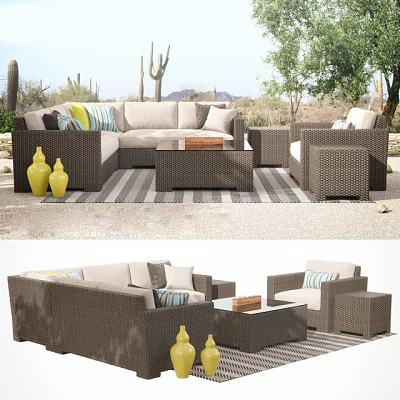 Outdoor Wicker Sofa Set Featuring Coffee Table Yellow Vases And Striped Rug In Cactus Background 3d model