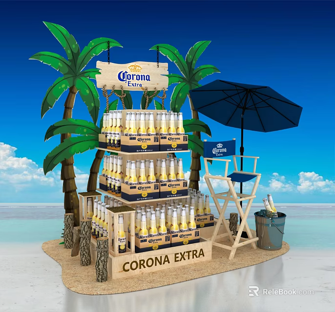 Corona Extra Beer Display Stand With Palm Trees Beach Setup Director Chair And Umbrella 3d model 
