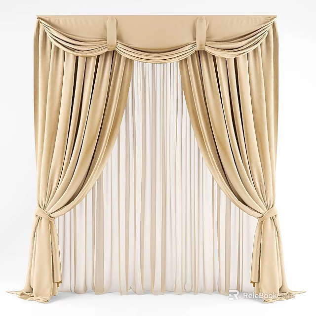 Elegant Beige Curtains with Valance Drapes Sheer Liner and Tiebacks 3d model 