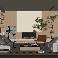 Modern Living Room With Wooden Bookshelves Fireplace Beige Sofas Green Plant And Pendant Light Rug