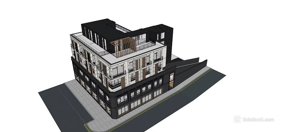 Modern Multi Story Building With Black White Facade And Balconies 3d model 
