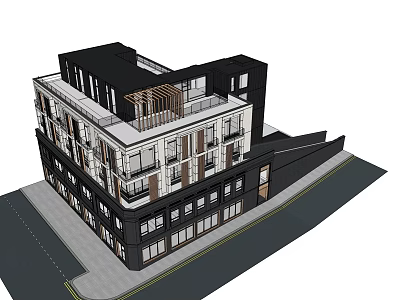 Modern Multi Story Building With Black White Facade And Balconies 3d model