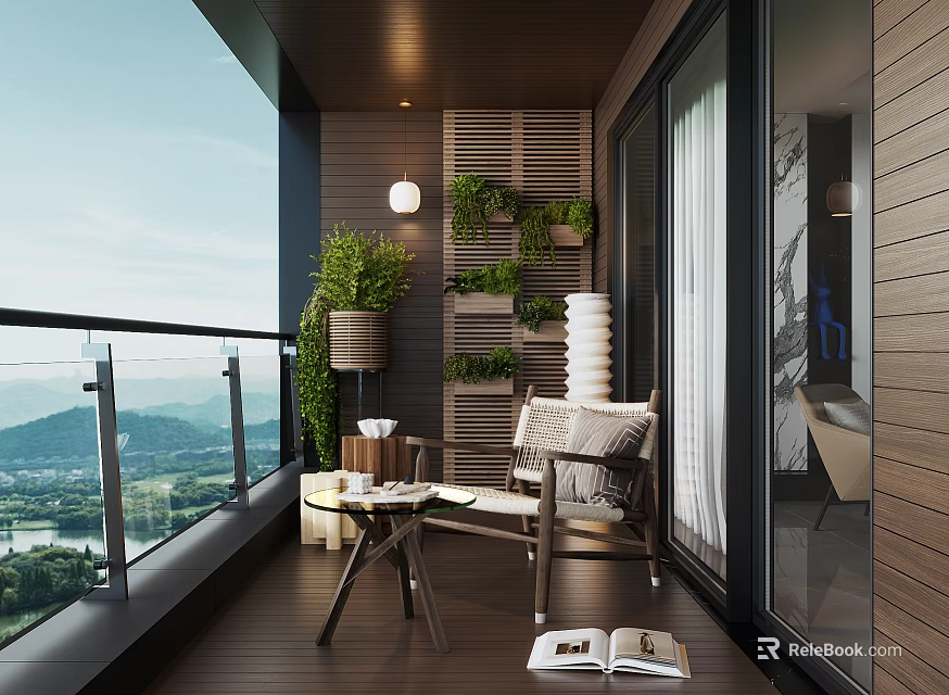 Cozy Home Balcony With Wooden Floor Green Plants Outdoor Seating And Scenic Mountain View 3d model 