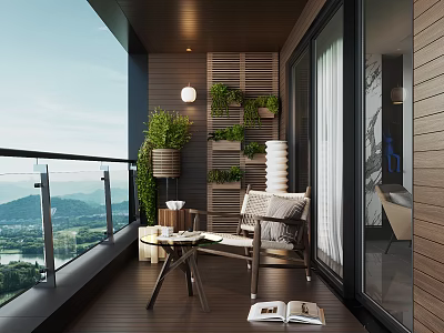 Cozy Home Balcony With Wooden Floor Green Plants Outdoor Seating And Scenic Mountain View 3d model