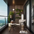Cozy Home Balcony With Wooden Floor Green Plants Outdoor Seating And Scenic Mountain View