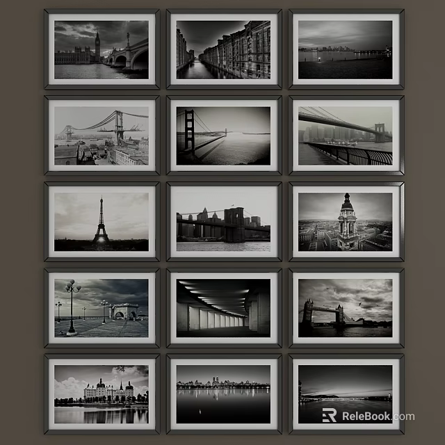 Black and White Landscape Paintings Featuring Bridges Eiffel Tower Big Ben City Skyline 3d model 
