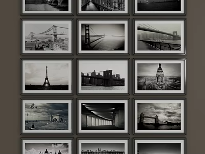 Black and White Landscape Paintings Featuring Bridges Eiffel Tower Big Ben City Skyline 3d model