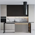 Modern Kitchen Cabinets With Black Vertical Panels Marble Backsplash And Island Lighting 3d model