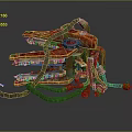 Biomechanical Monster Character Featuring Red Metal Body Green Tentacles And Chainsaw Appendages