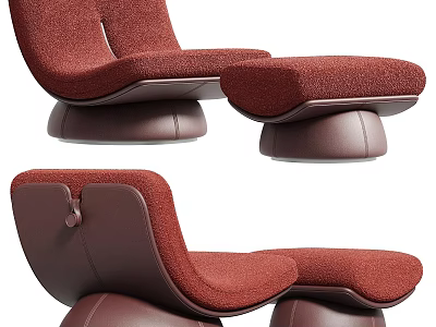 Modern Stylish Red and Brown Lounge Chair With Cushioned Seat and Ottoman 3d model