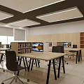 Modern Public Office Space with Bookshelves Computer Monitors and Green Plant Wall