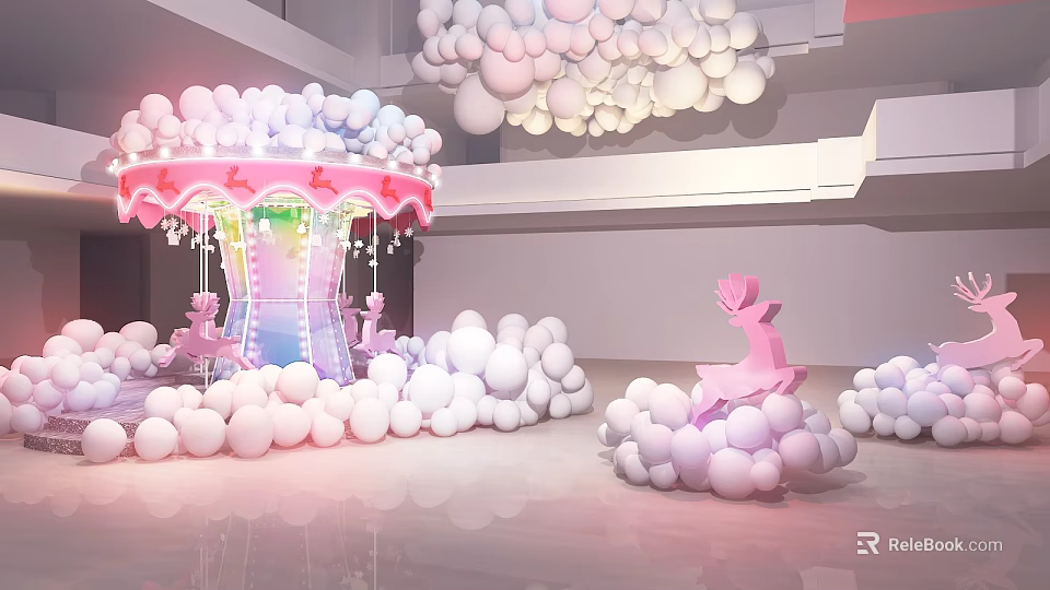 Indoor Kids Playground Equipment With Pink Carousel Unicorn Rides And White Balloons 3d model 