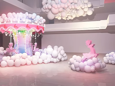 Indoor Kids Playground Equipment With Pink Carousel Unicorn Rides And White Balloons 3d model