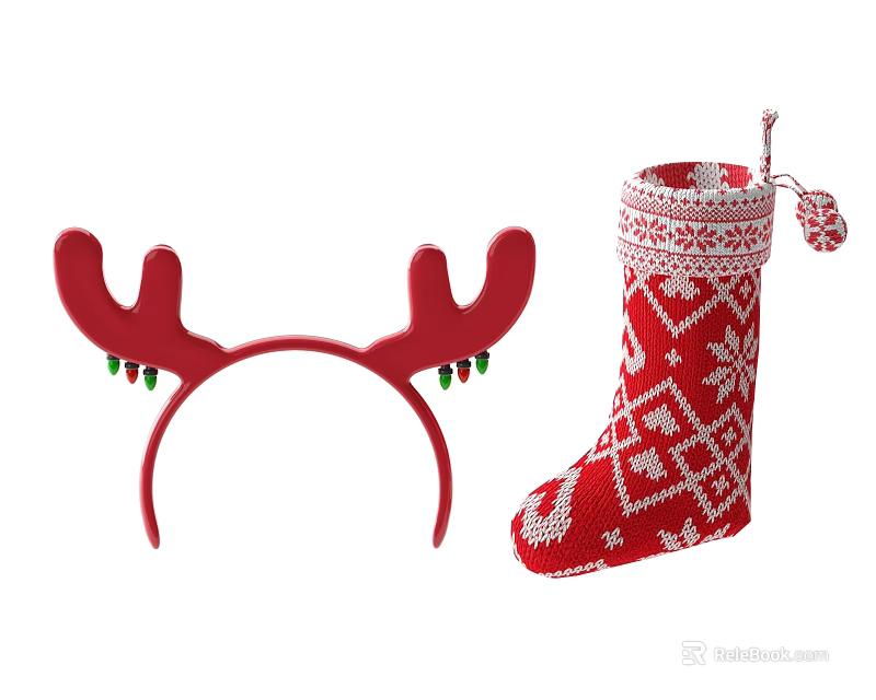 Festive Christmas Accessories Red Antler Headband With Green Decorations And Snowflake Stocking 3d model 