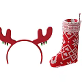 Festive Christmas Accessories Red Antler Headband With Green Decorations And Snowflake Stocking