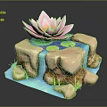 Small Fish Swimming In Pond With Pink Lotus Stone Waterfall And Green Grass