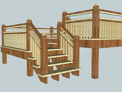Roadside Wooden Staircase With Classic Railings For Pedestrian Access And Safety 3d model