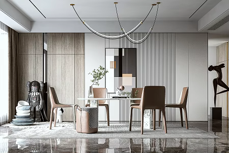 Modern Restaurant Dining Table and Chair Chandelier 3d model