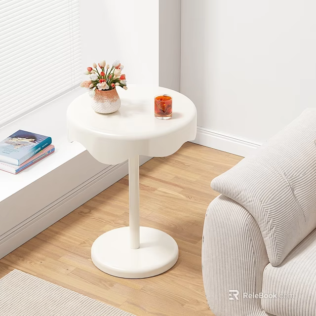 Round White Coffee Table with Flower Vase and Candle Near Sofa and Window Sill 3d model 