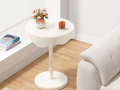 Round White Coffee Table with Flower Vase and Candle Near Sofa and Window Sill 3d model