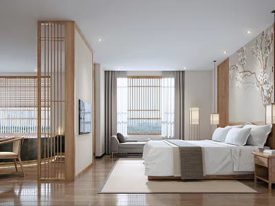 Modern Hotel Room With Wooden Screen King Bed Sofa TV Window And Wooden Floor 3d model