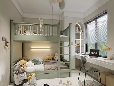 Warm Green Kids Room With Bunk Bed Desk Lamp Stuffed Toys Balloons And Window 3d model