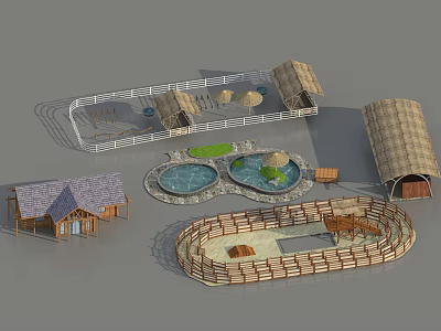 Scenic Park Landscape With Twin Ponds Wooden Cottages Fences And Rest Areas 3d model