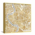 Four Gold Abstract Paintings With Map Lines And River Patterns In Black Frames On Grey Wall 3d model