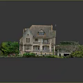 Traditional Stone Building With Sloped Roof Balcony Courtyard Table Chairs Green Vegetation