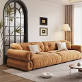 Cozy Orange Velvet Sofa With Pillows And Wooden Coffee Table In Modern Living Room