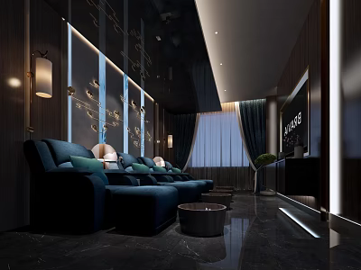 Luxury Modern SPA Sauna Interior With Comfortable Blue Seating And Ambient Lighting 3d model