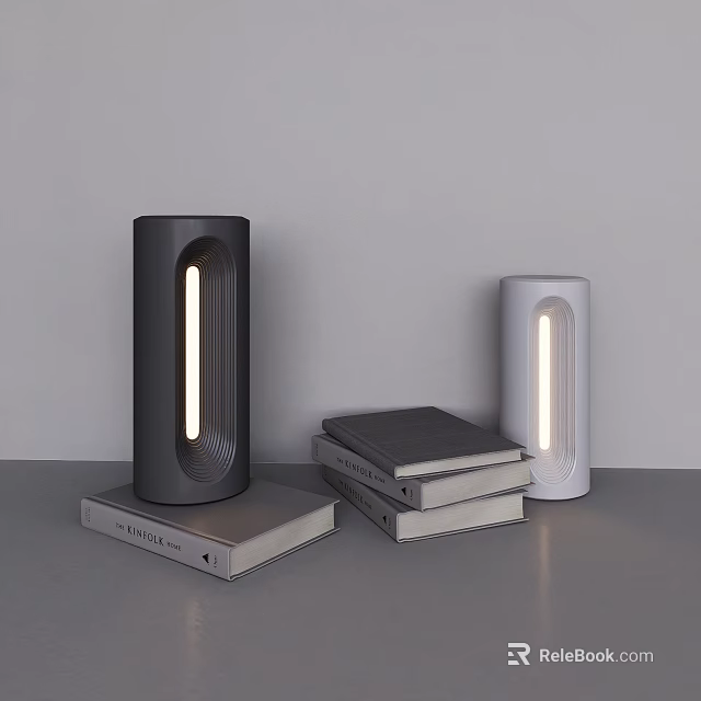 Modern Black And White Cylindrical Table Lamps With Sleek Design On Stacked Books 3d model 