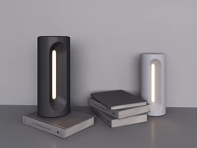 Modern Black And White Cylindrical Table Lamps With Sleek Design On Stacked Books 3d model