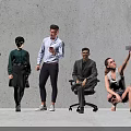 Group of People in Various Poses Standing Sitting and Interacting Against Concrete Wall