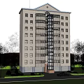 Modern Curved High Rise Building Exterior With Glass Facade And Trees