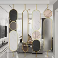 Elegant Gold Frame Room Divider With Various Shaped Marble Glass Panels In Modern Living Room