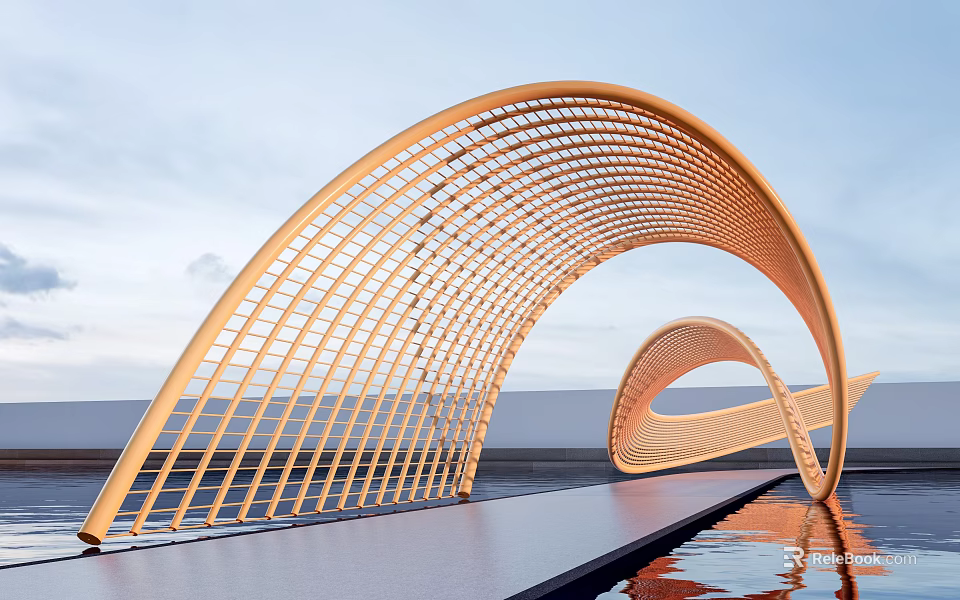 Modern Orange Arched Latticed Structure With Water Reflection Sky And White Wall Background 3d model 
